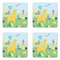 thumbnail image 1 of Giraffe Coaster Set of 4, Cartoon Safari Animal with Wildlife Surroundings Trees and Green Hills Kids Nursery, Square Hardboard Gloss Coasters, Standard Size, Multicolor, by Ambesonne, 1 of 2
