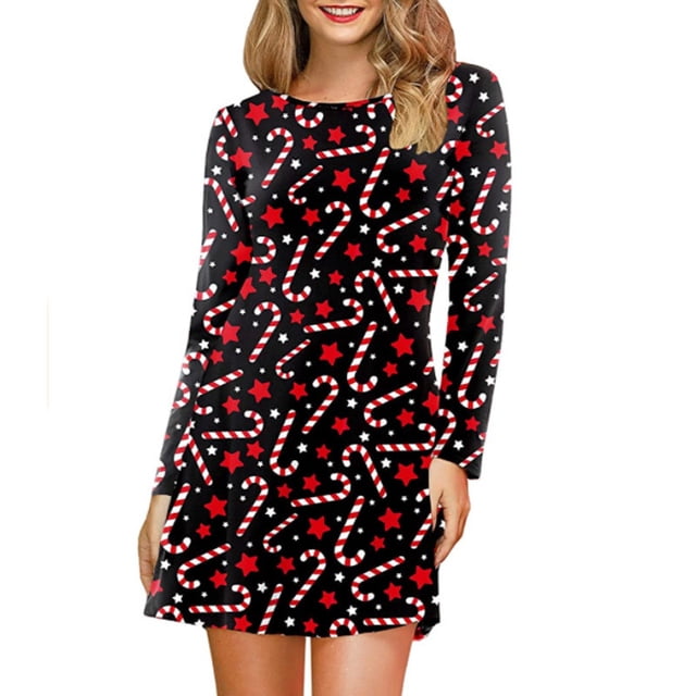 Vestido corto de ciervo de Navidad para mujer, vestido rojo de manga larga, estampado 3D, cuello redondo, calle