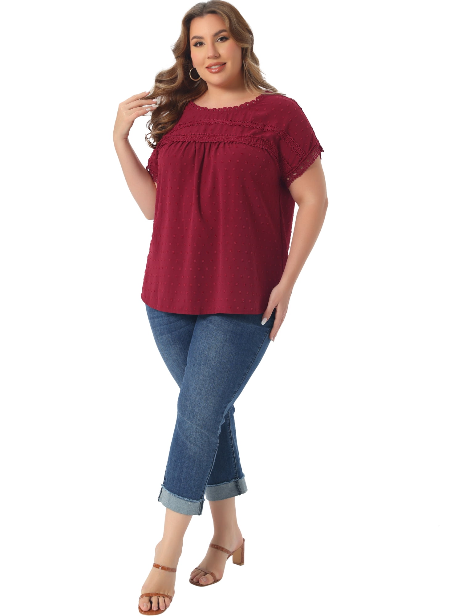 Women's Plus Tops with Swiss Dots Crew Neck Short Sleeve Casual Blouses 4X Burgundy