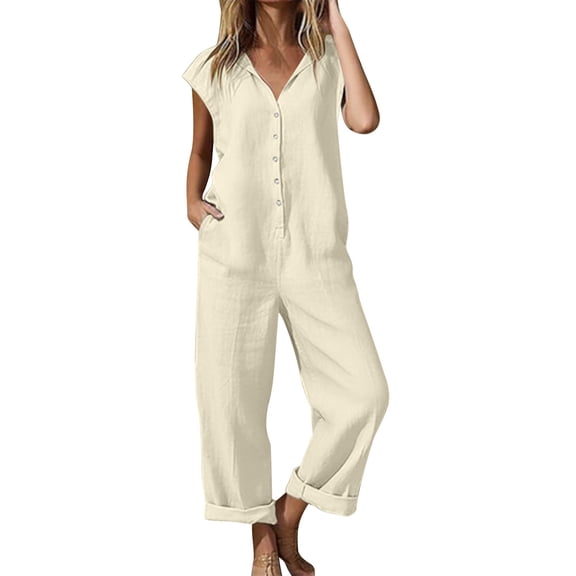 BUIGTTKLOP Jumpsuits for Women Button down Cap Sleeve Rompers Wide Leg Pants Loose Fitted Overalls with Pockets