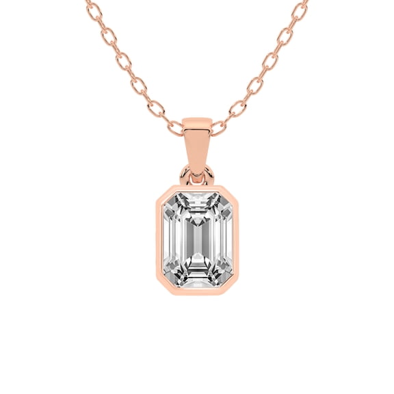 Diamond Pendant Necklace For Women | 3 Carat IGI Certified Emerald Shape Lab Grown Diamond | Allure Bezel Lab Diamond Pendant Necklace In 14K Rose Gold | FG-VS1-VS2 Quality Friendly Diamonds