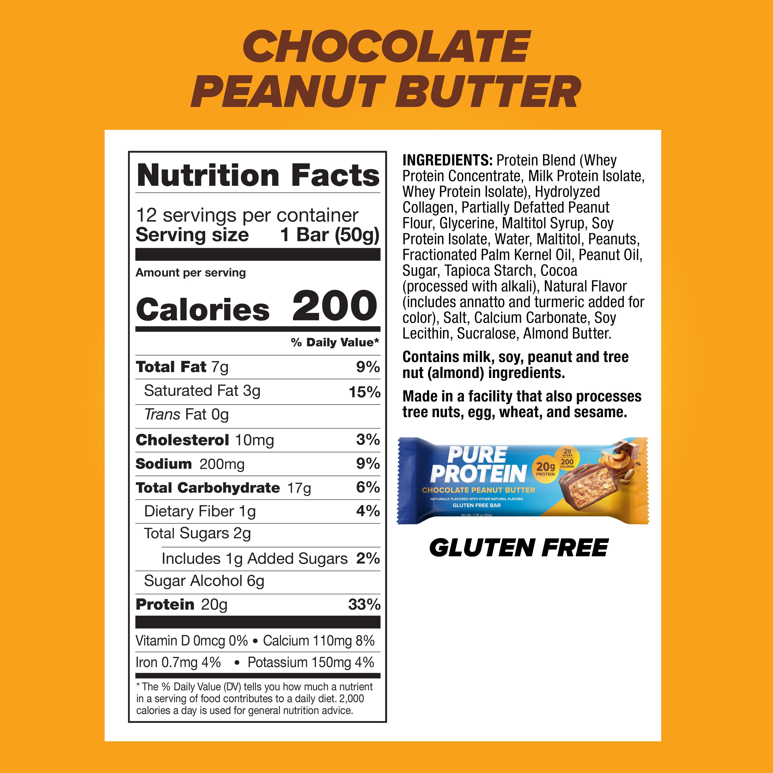 (3 pack) Pure Protein Bars, Chocolate Peanut Butter, Low Sugar, 20g Protein, 1.76 oz, 12 Count