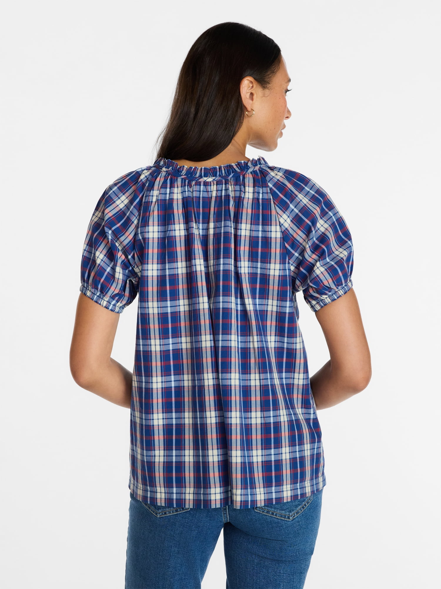 Time and Tru Women's Ruffle Neck Cotton Top with Short Puff Sleeves, Sizes XS-XXXL