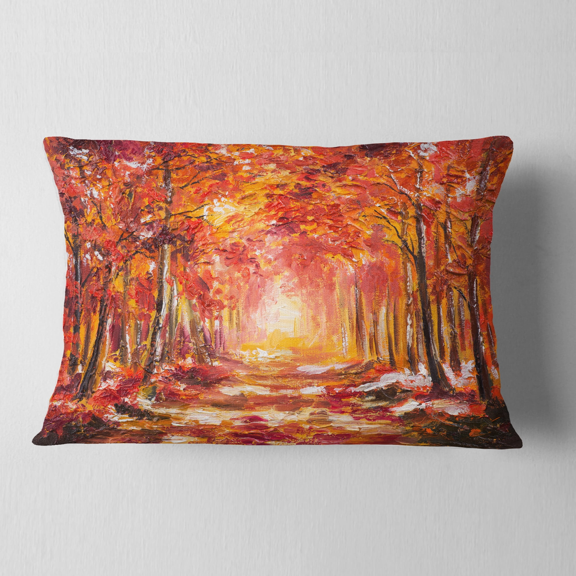 Designart Autumn Forest in Red Shade - Landscape Printed Throw Pillow - 12x20