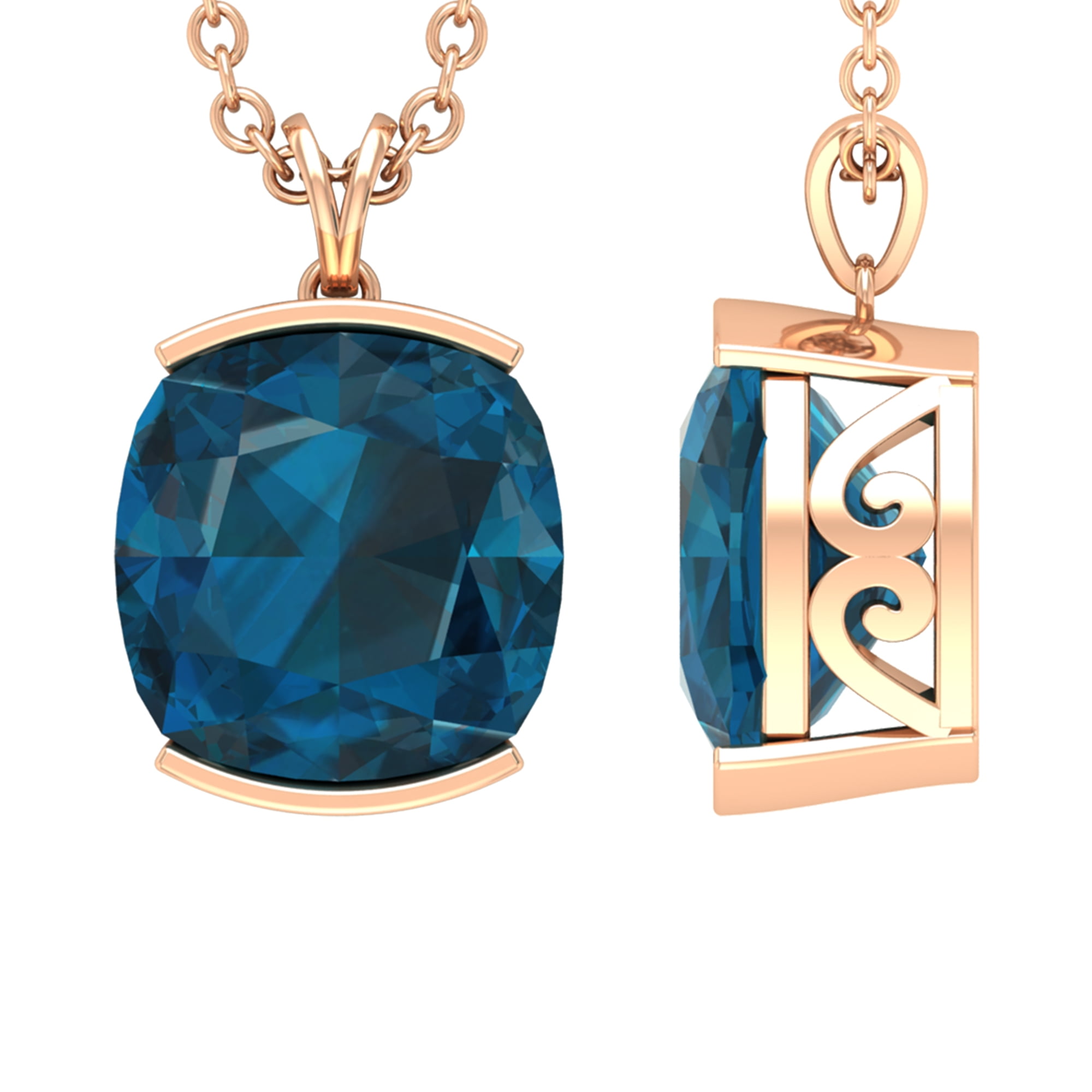 Oval Genuine Natural Blue Topaz Earrings Pendant Set With Square Rolo Chain 14K Rose Gold 6 x 8 mm