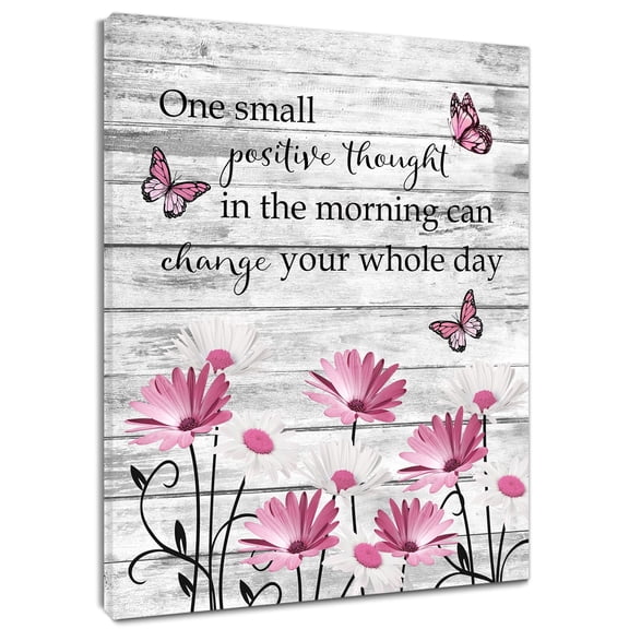 HVEST Farmhouse Pink Floral Wall Art Butterfly Daisy Flower Canvas Wall Art Pink and Grey Framed Wall Decor for Living Room Bedroom Home, 12 X 12 inches