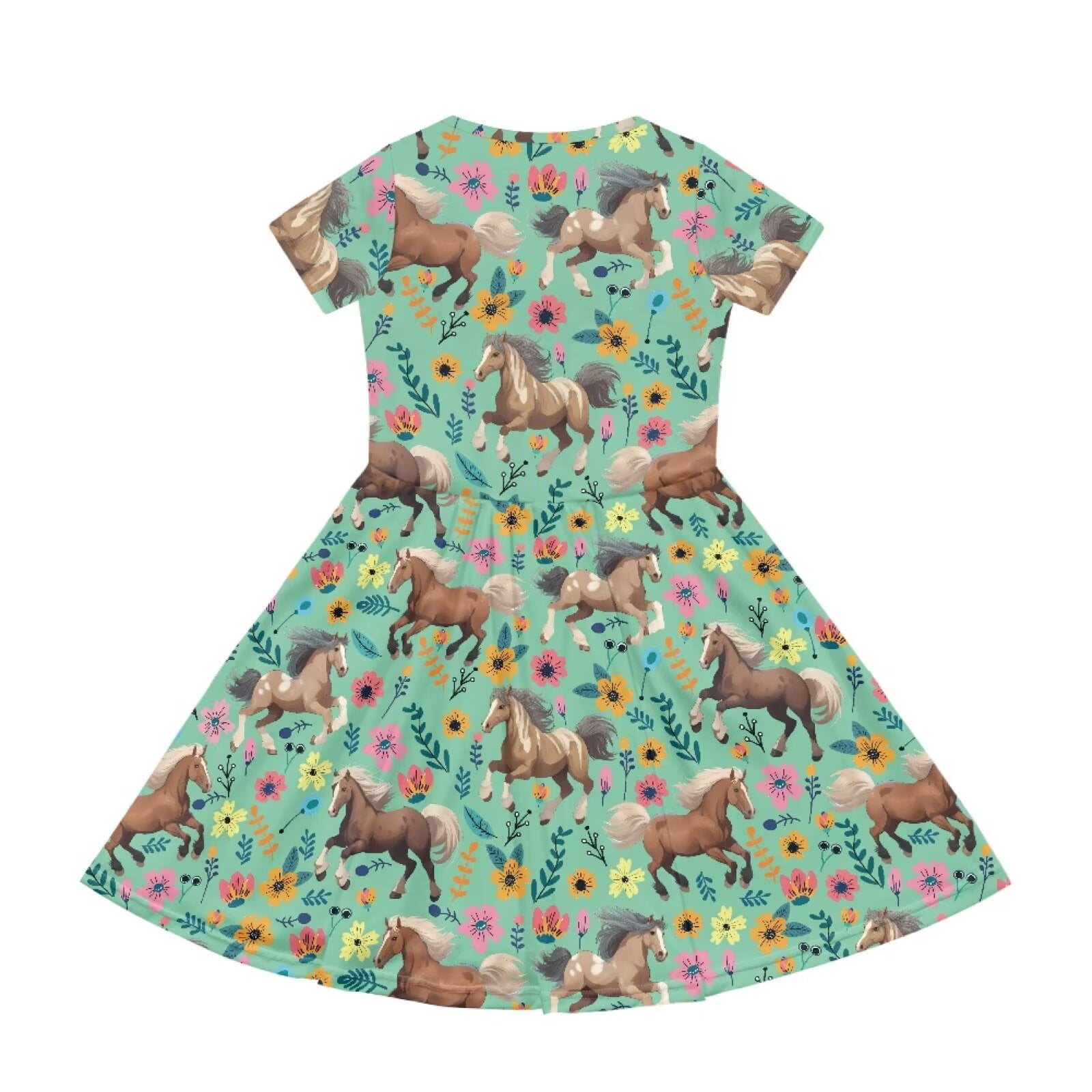 Uourmeti Horse Kids Dresses for Girls 2-14Y Summer Short Sleeve Crewneck Midi Dress Flowers Casual Loose Swing Dresses with Pockets