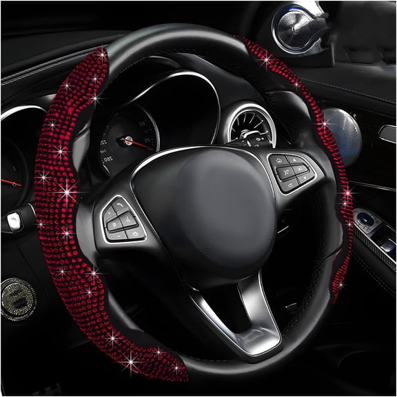 2 PCS Steering Wheel Cover, Segmented Car Wheel Covers with Crystal Rhinestones, Non-Slip Protector Bling Sparkly Decoration for Most Steering Wheels, Car Accessories (Red)