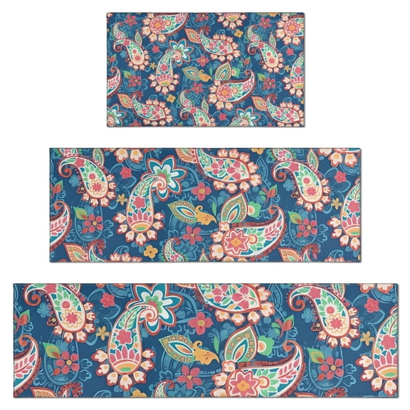 Blue Paisley and Floral Pattern Kitchen Rugs Sets Of 3,Kitchen Runner Rugs Non Skid Washable,Decorative Kitchen Floor Mats for Kitchen,Sink,Laundry,17"x30" 17"x47" 17"x59"
