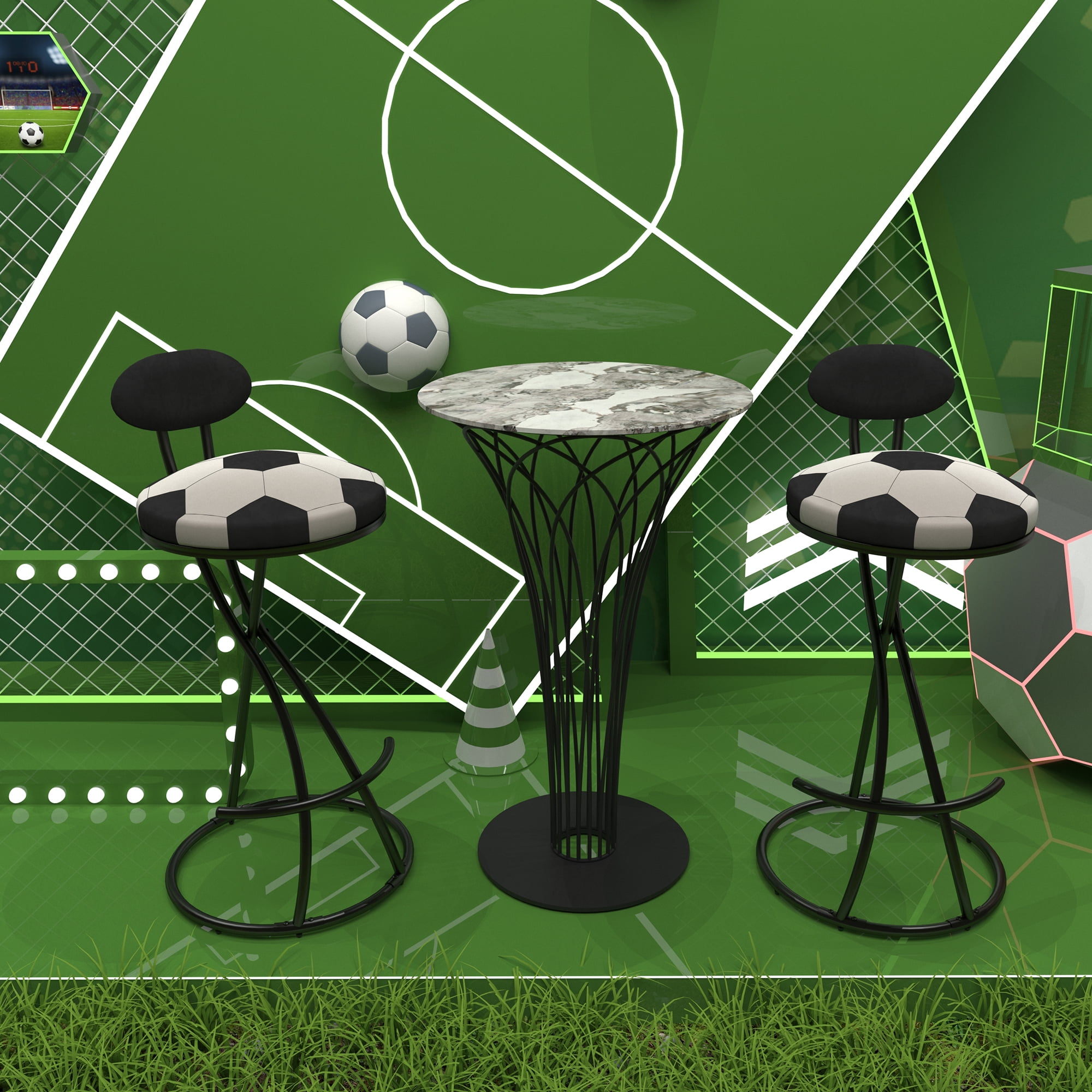 S Shaped Football Print Bar Stools Set of 2 Velvet Upholstered Seat with Metal Frame Themed Counter Stools for Game Room Kitchen