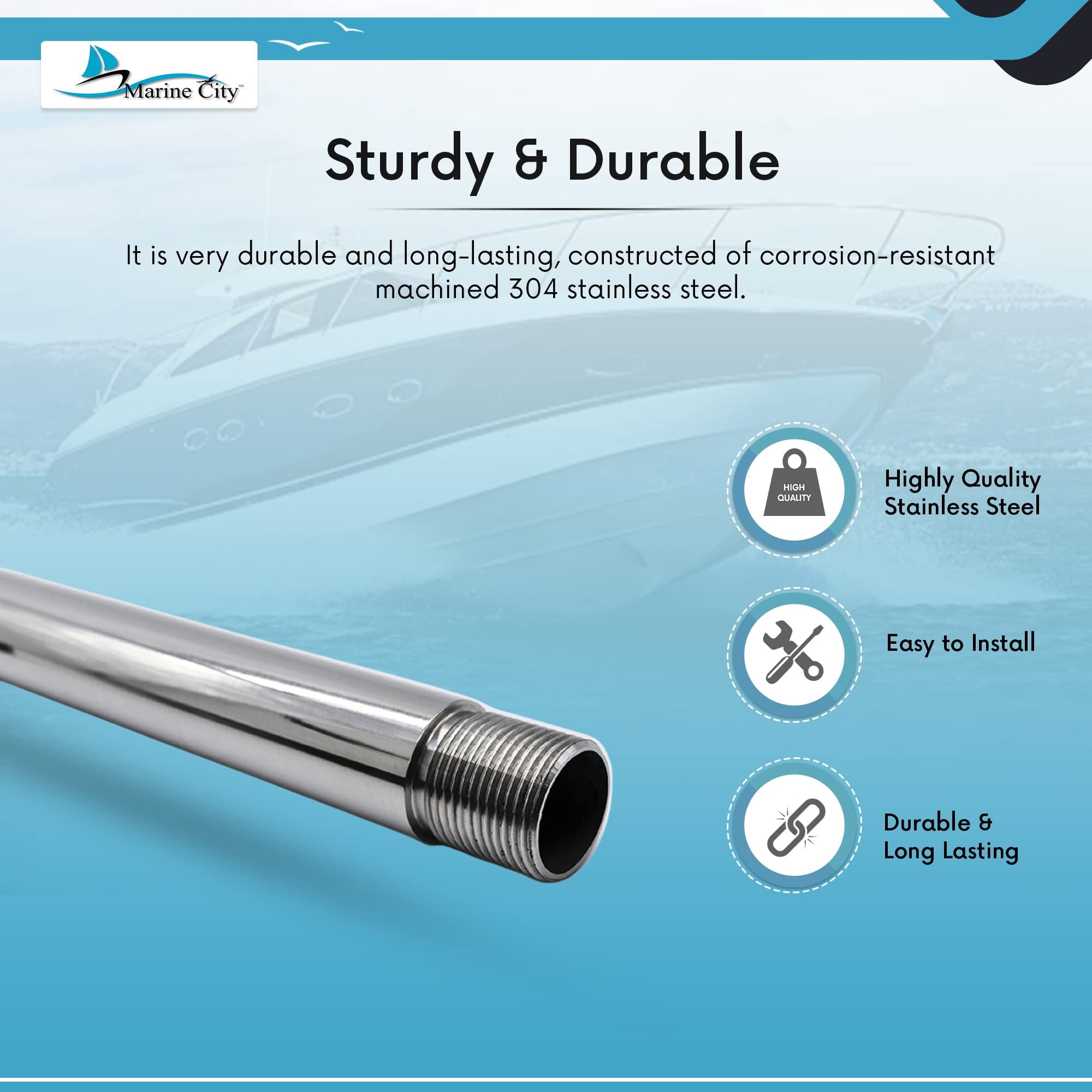 MARINE CITY 24 Inches Antenna Base Mount Extension Mast, Heavy-Duty 304 Stainless Steel, Corrosion-Resistant, 1 Inch-14 Threads, Perfect for Boats, Yachts, and Kayaks