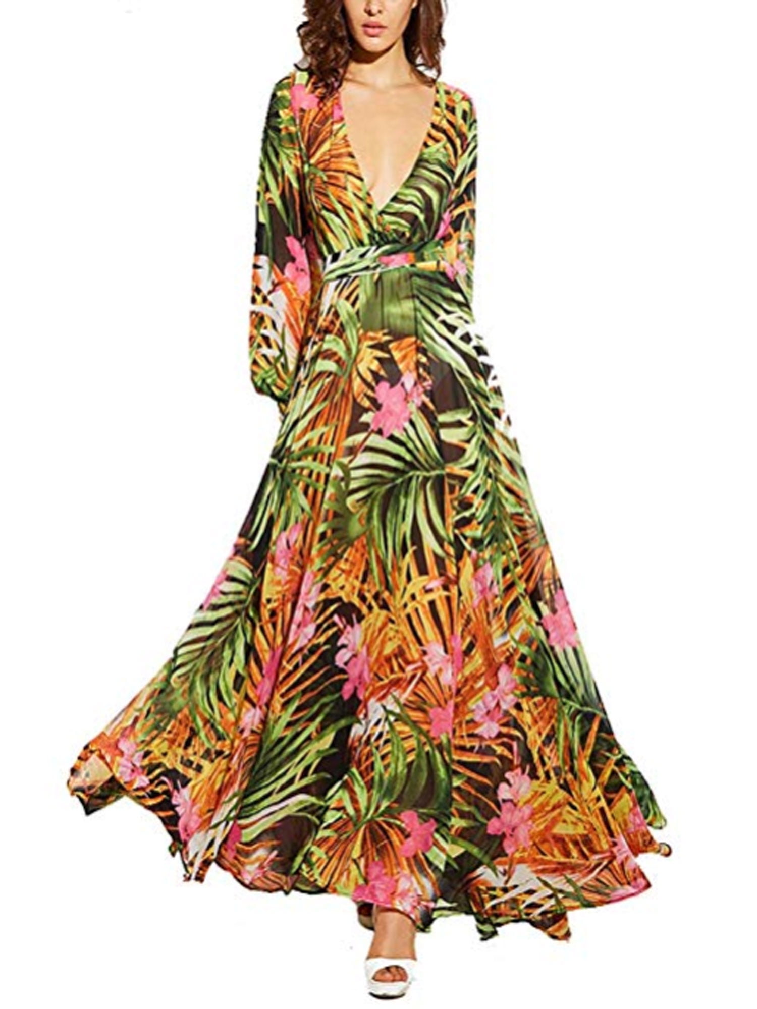 Women Boho Beach Dress Floral V Neck Dress Long Sleeve Leaf Print