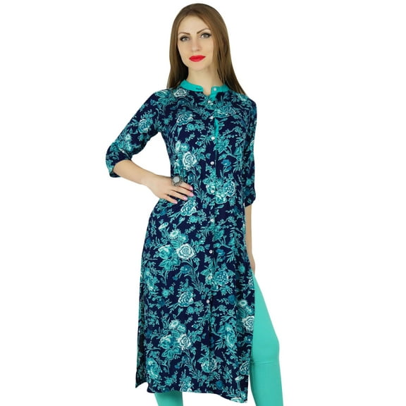 Bimba Women Blue Floral Printed Straight Kurti Button-Down Kurta Summer Blouse
