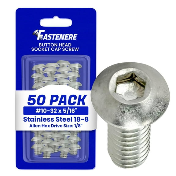 Fastenere Button Head Socket Cap Screws - 10-32 x 5/16" (50 Pack) Stainless Steel 18-8, Full Thread, Bright Plain Finish, Corrosion-Resistant, Machine Thread, Easy to Install w/ Allen Socket Drive