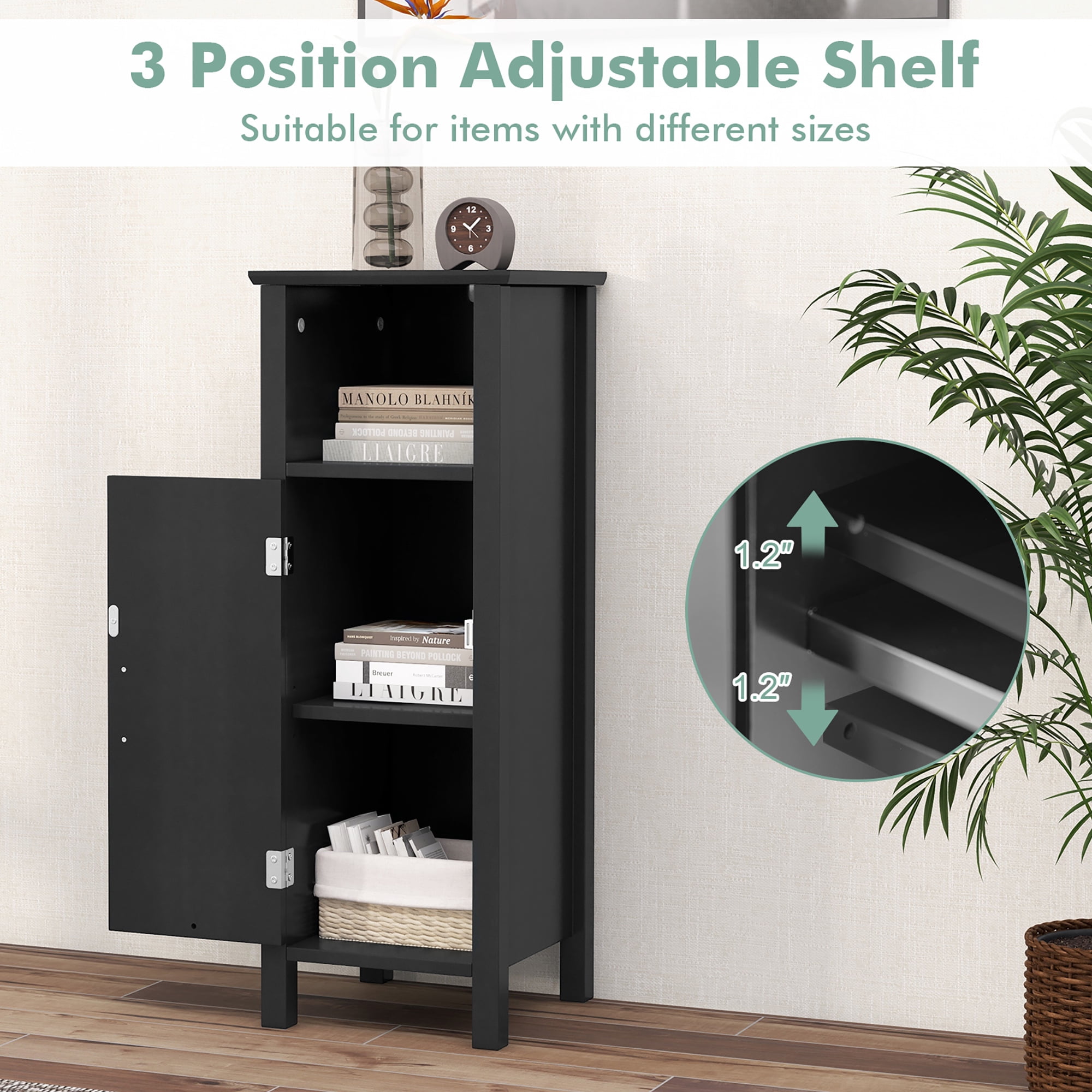 Gymax Bathroom Storage Organizer Narrow Floor Cabinet w/ 2-Tier Cabinet Open Compartment Black