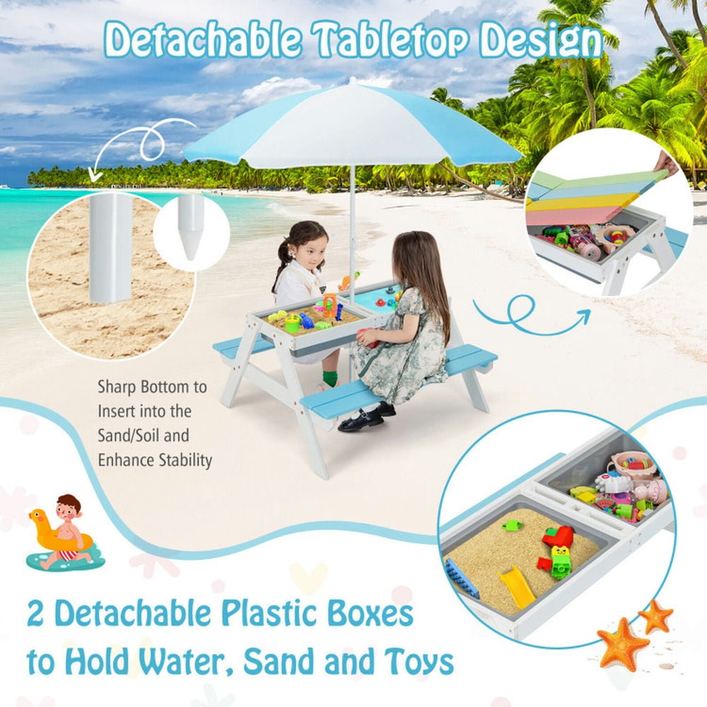 Topcobe 3-in-1 Kids Outdoor Picnic Water Sand Table with Umbrella Play Boxes, Kids Patio Furniture for Backyard, Garden-Blue