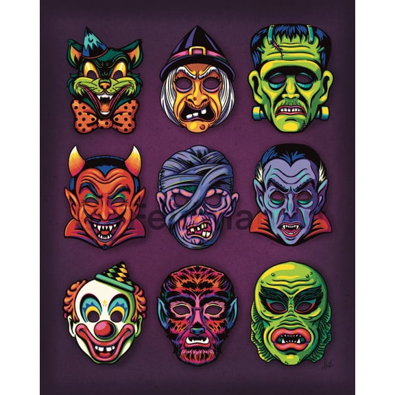 Retro Halloween Masks Wall Art Print