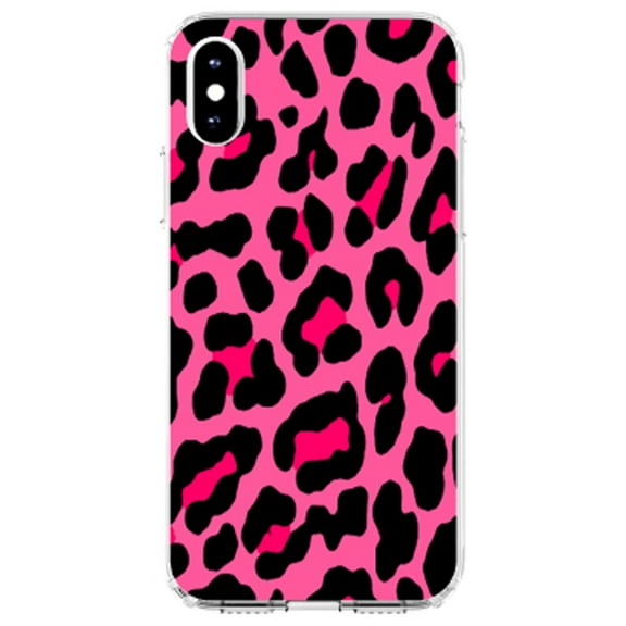 DistinctInk Clear Shockproof Hybrid Case for iPhone XR (6.1" Screen) - TPU Bumper, Acrylic Back, Tempered Glass Screen Protector - Hot Pink Black Leopard Skin Spots