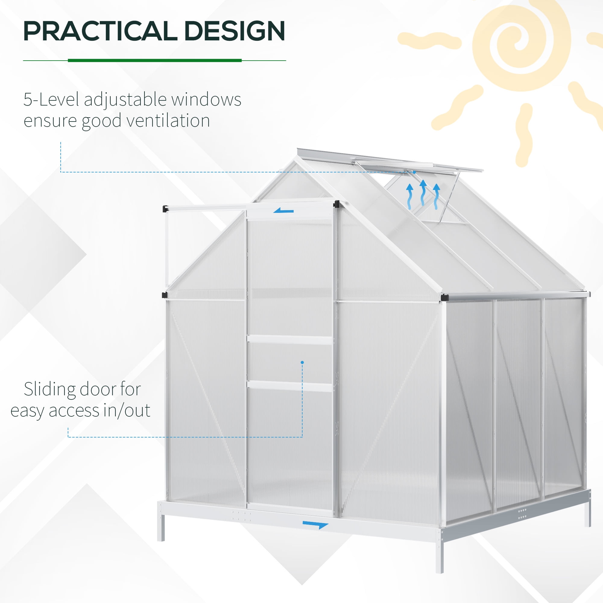 Outsunny 6'x6' Aluminum Greenhouse, Polycarbonate Walk-in Garden Greenhouse Kit, Adjustable Roof Vent, Sliding Door for Winter, Silver