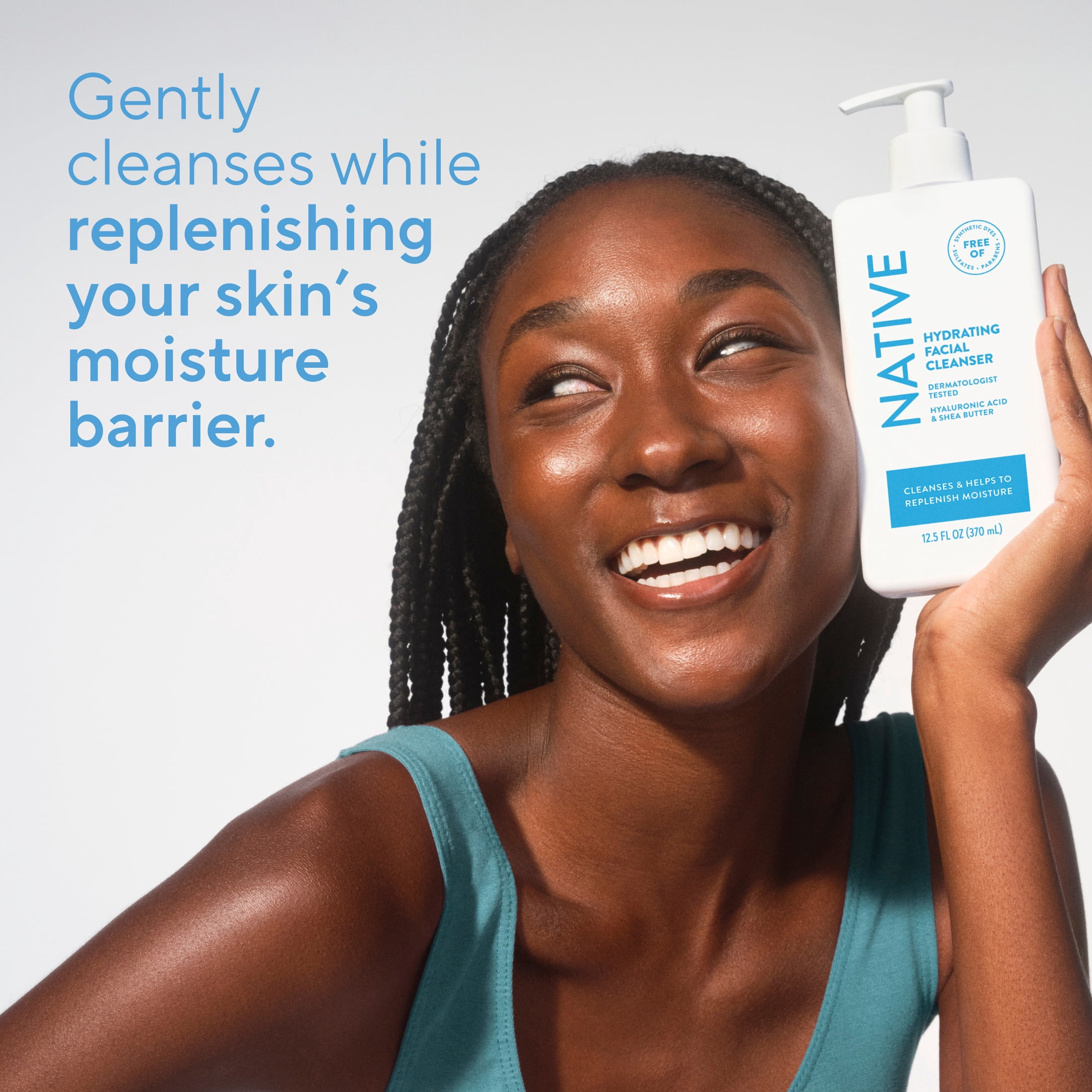 Native Hydrating Face Wash for Dry Skin, Sulfate Free, with Hyaluronic Acid and Shea Butter, Dermatologist Tested, 12.5 fl oz