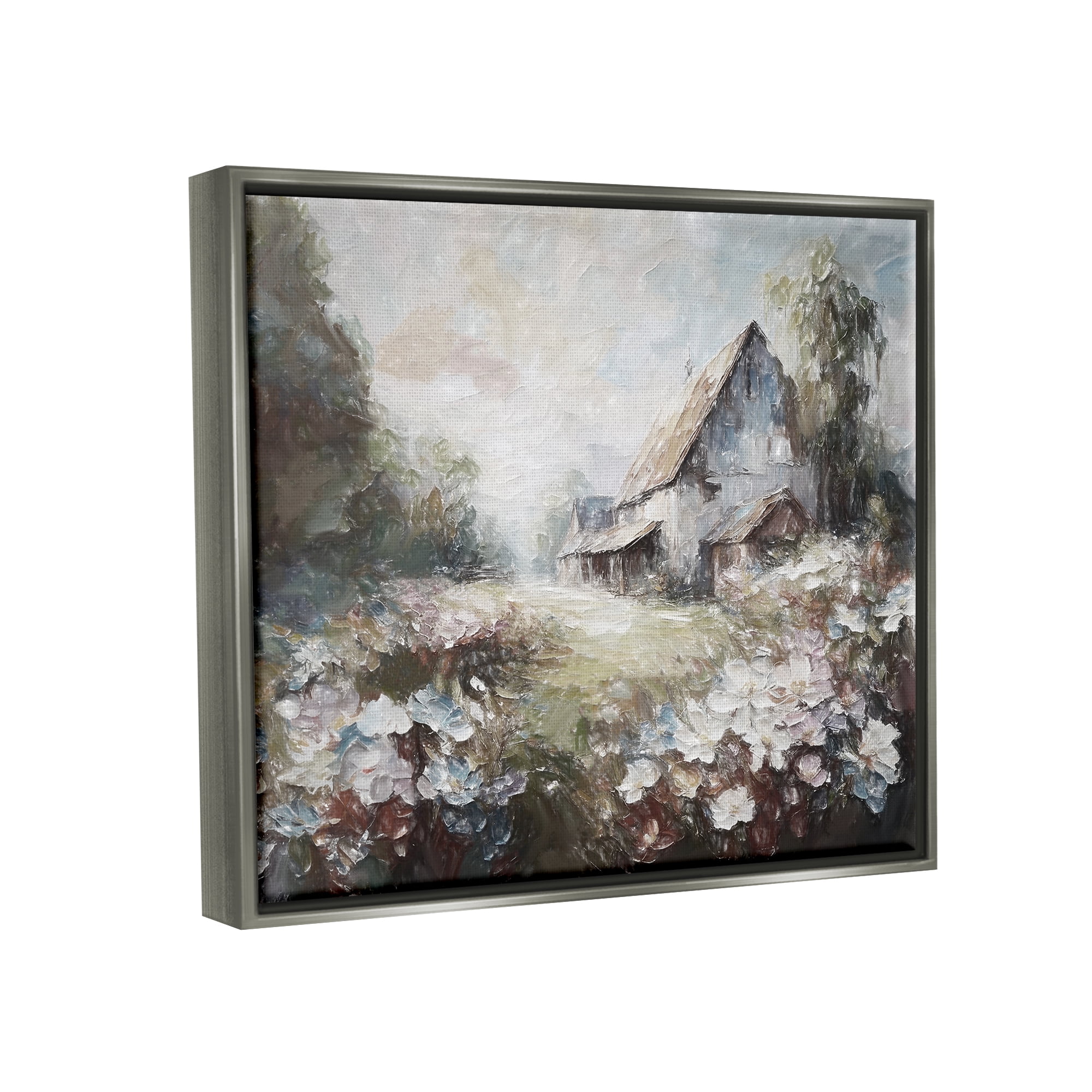 Stupell Industries Soft Meadow in Countryside Landscape Painting Gray Floater Framed Canvas Art Print Wall Art, 21 x 17