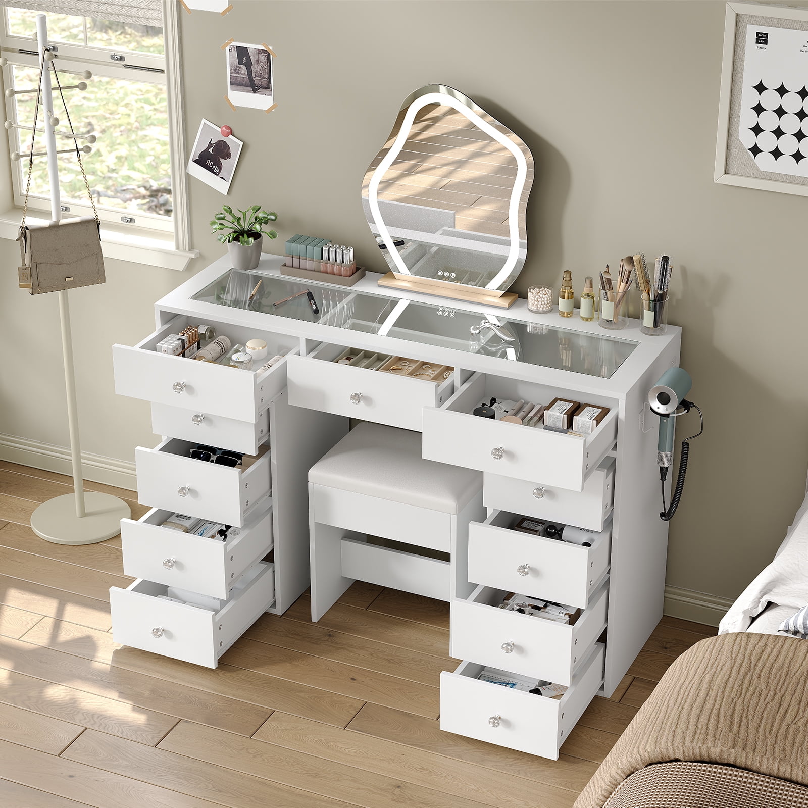Vanity Desk Without Mirror, Makeup Vanity with 11 Drawers and Charging Station, White Vanity with Storage for Bedroom, Home Office Computer Desk for Bedroom, White