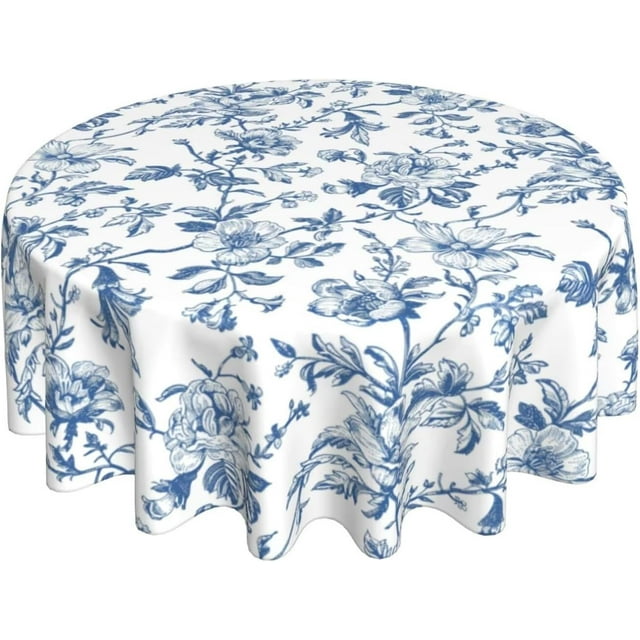 Navy Blue Floral Tablecloth Round 70 x 70 Inch Navy Blue Chinoiserie Floral Table Cloth Polyester Fabric Vintage Spring Summer Flowers Farmhouse Table Cover for Kitchen Party Picnic Outdoor Decor