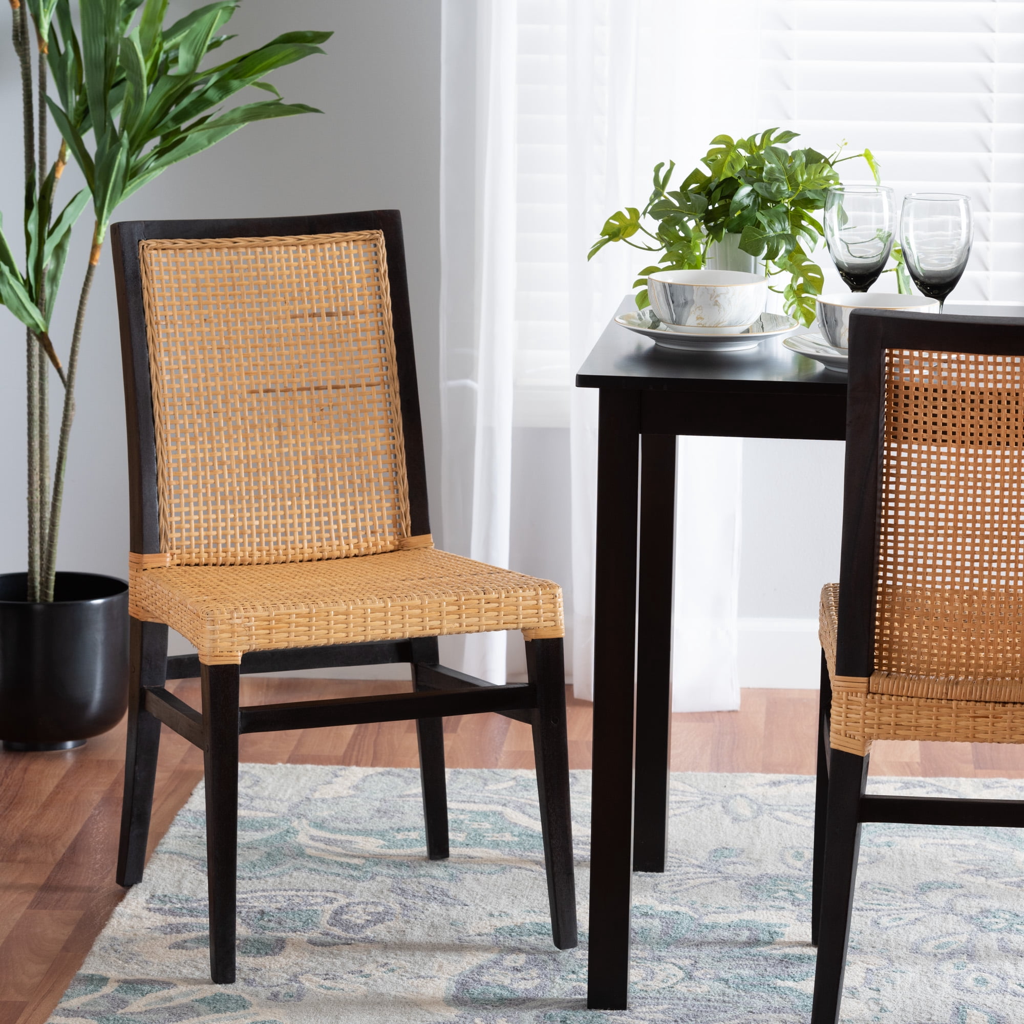 bali & pari Lingga Rattan and Mahogany wood BOHO Dining Chair, Natural Brown