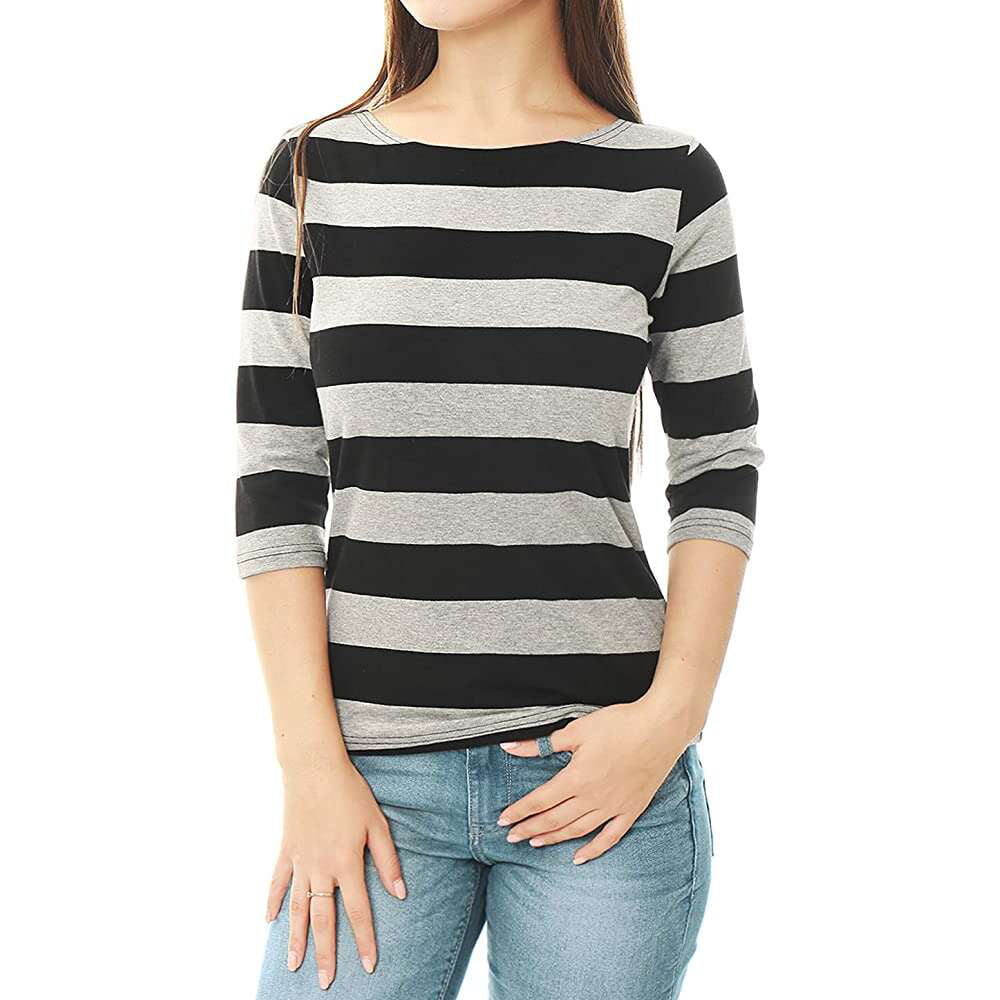 Allegra K Women's Elbow Sleeves T-Shirt Top Casual Basic Boat Neck Slim Fit Tee