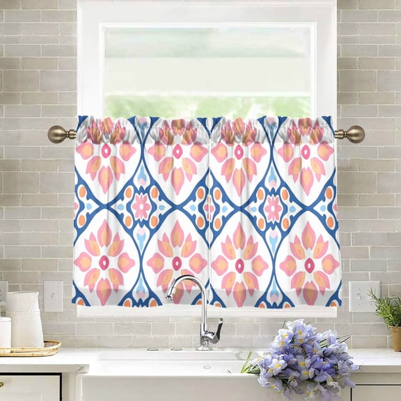 Yayeee Kitchen Curtains Tier Pair Light Filtering 27"x24" Rod Pocket Short Cafe Window Panel, Mosaic Flowers Pattern