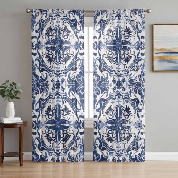 Navy Blue Boho Semi Sheer Window Curtains 63 Inches Long, Ehtnic Abstract Art Modern Geometric Rod Pocket Voile Chiffon Curtain Light Filtering Drapes for Living Room, Kitchen, 52"x63", 2 Panels
