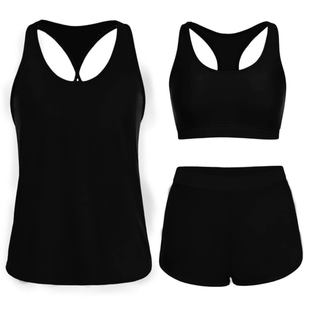 Tankini de moda para mujer, color sólido con cojín en el pecho y sin soporte de acero, traje de baño holgado con cordón dividido, trajes de baño de 3 piezas para mujer, trajes de baño tankini para muj