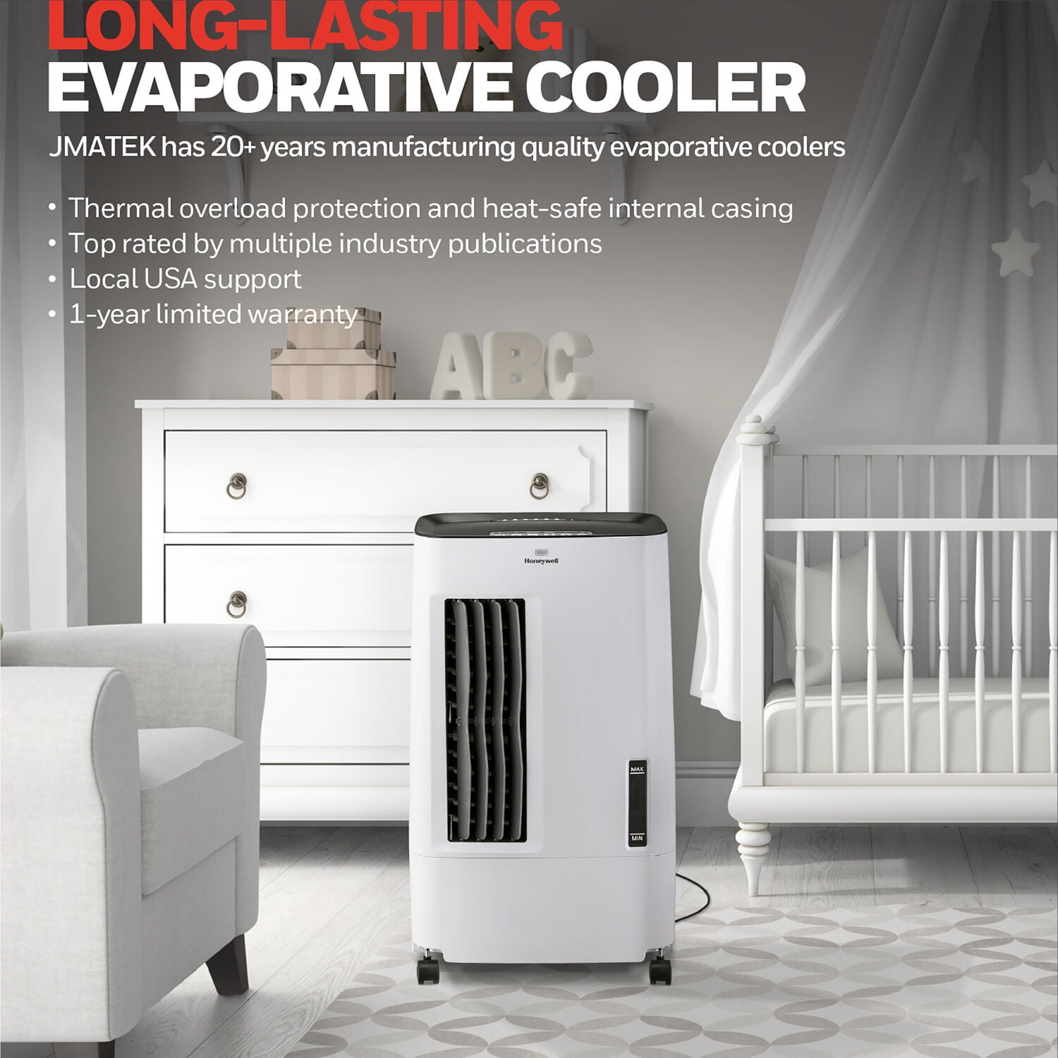 Honeywell 176 CFM Indoor Evaporative Air Cooler (Swamp Cooler) with Remote Control in White/Gray, CS071AE