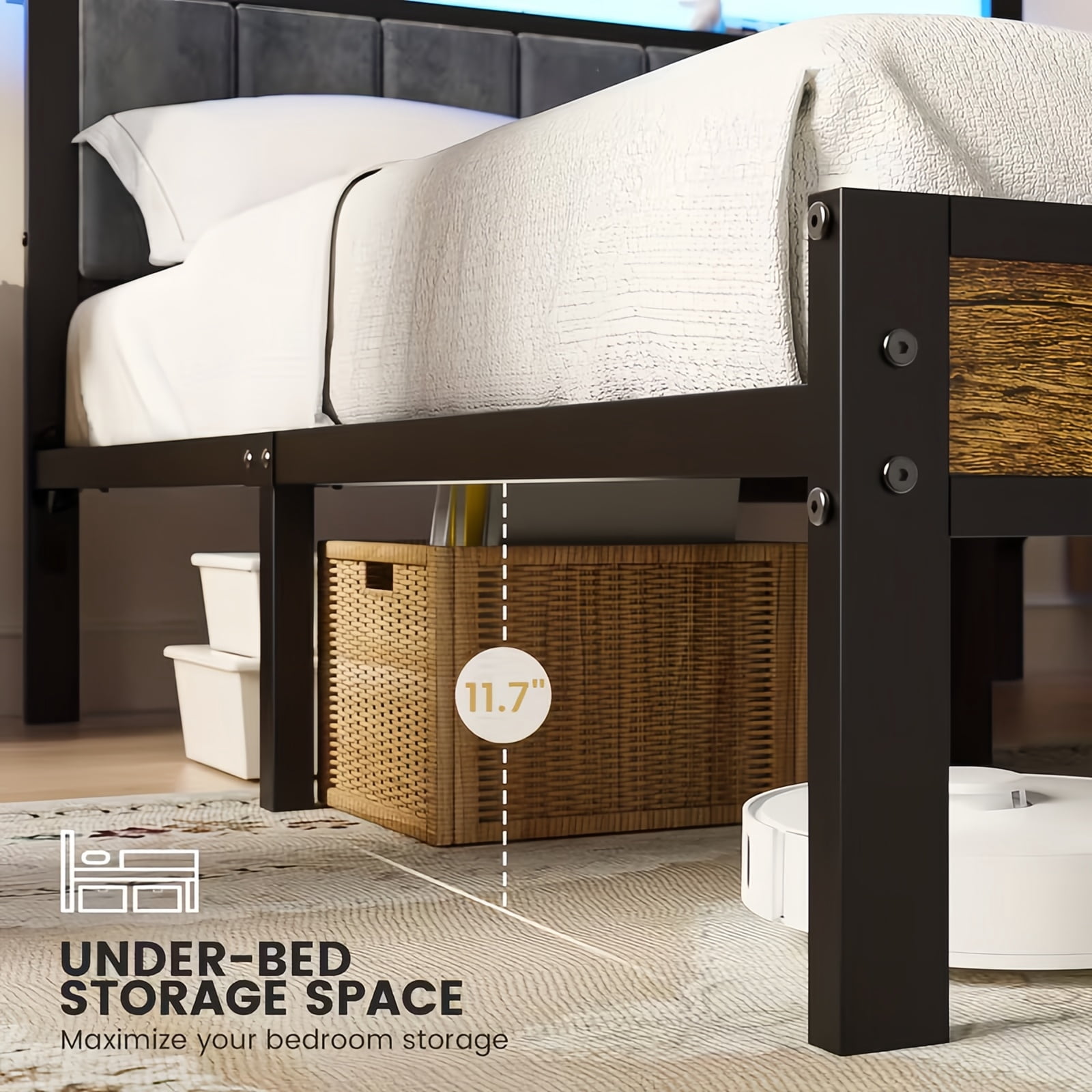 Kbun Queen Size Bed Frame with Headboard Storage Metal Platform Bed with Charging Station, Upholstered Tufted Storage Headboard,Noise-Free, No Box Spring Needed, Easy Assembly, Rustic