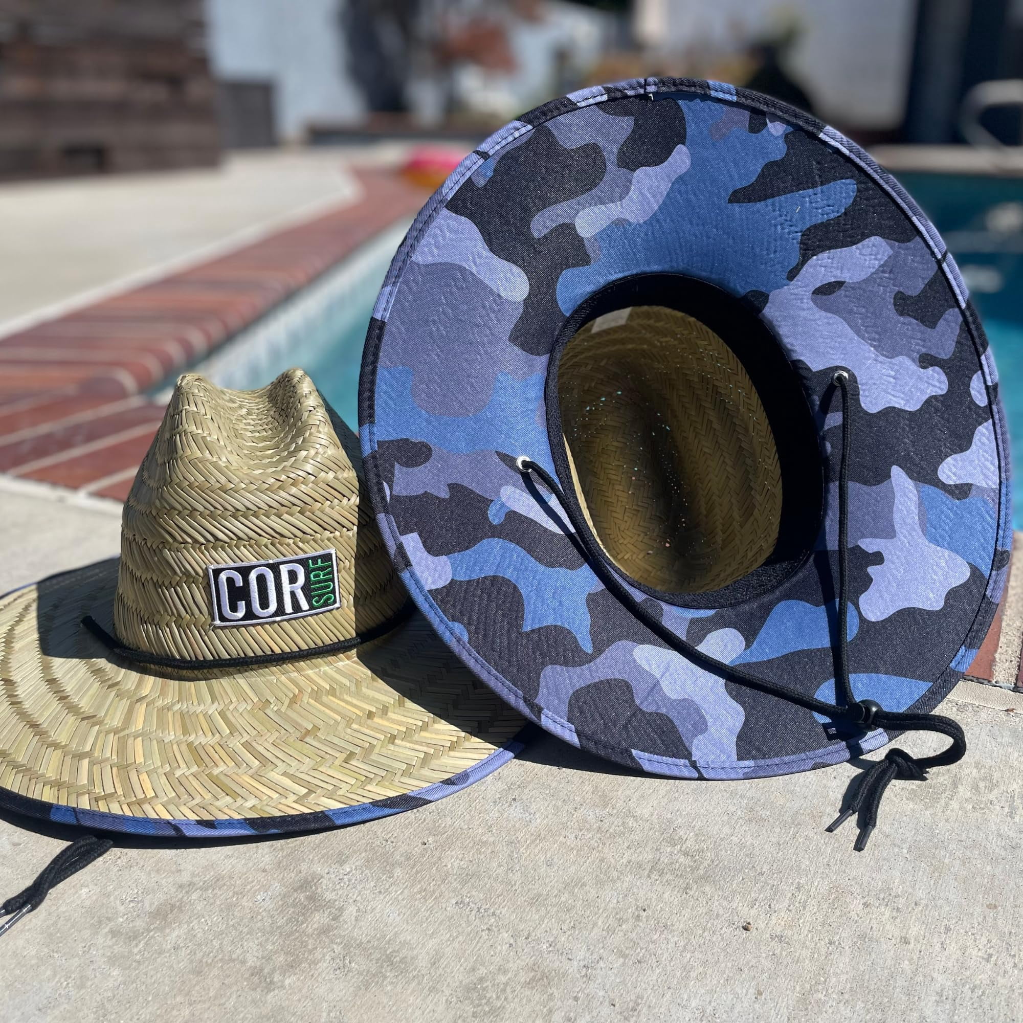 Straw Beach Hat - UPF 50+ Cotton Patriotic Under Brim Lifeguard - Drawstring Fit - Large