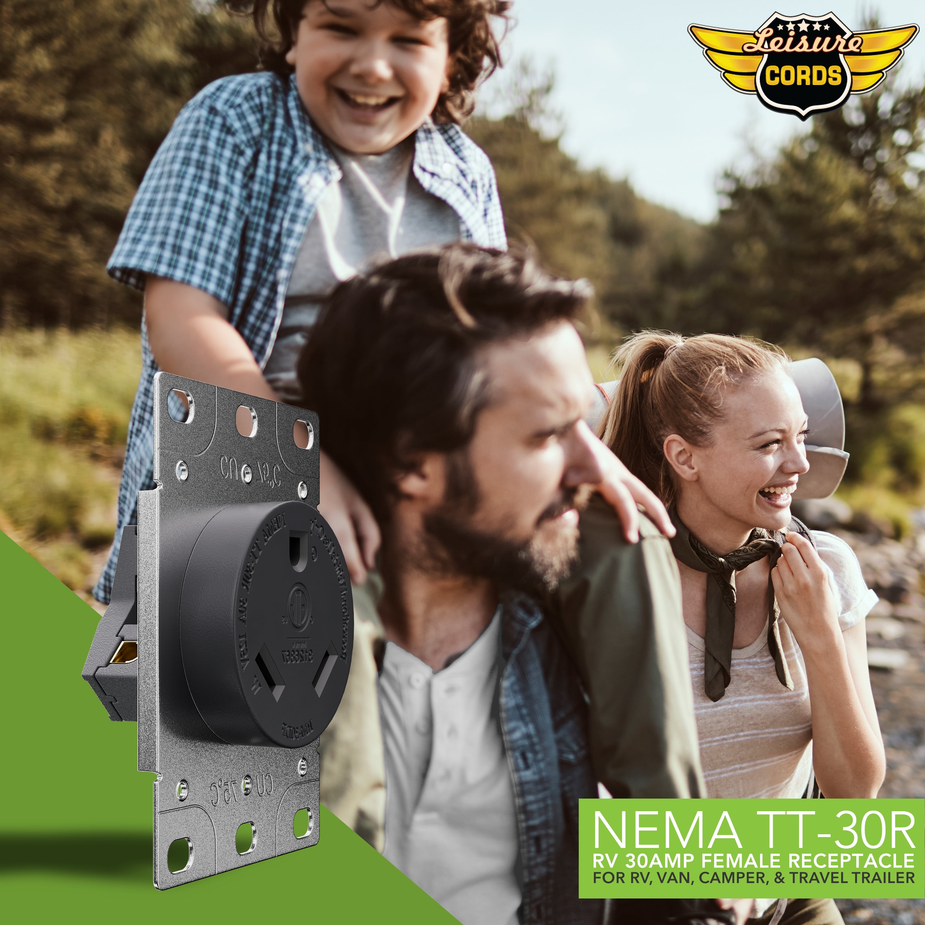 Leisure Cords RV 30 Amp, 125 Volt, NEMA Tt-30R, 2P, 3W Power Receptacle Flush Mounting Receptacle, Straight Blade, Industrial Grade, Grounding, Side Wired, Steel Strap, Black (30-Amp)