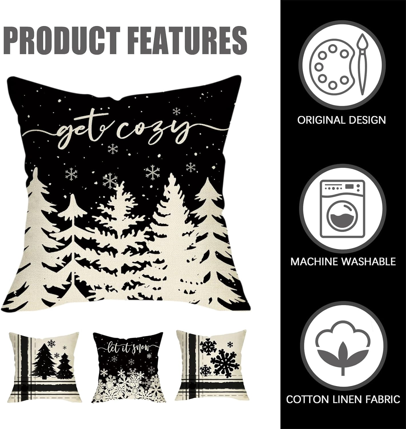 Winter Snowflake Decorative Throw Pillow Covers 16x16 Set of 4, Let It Snow Christmas Pine Tree Black Outdoor Pillowcase, Get Cozy Seasonal Holiday Farmhouse Cushion Case Home Decor