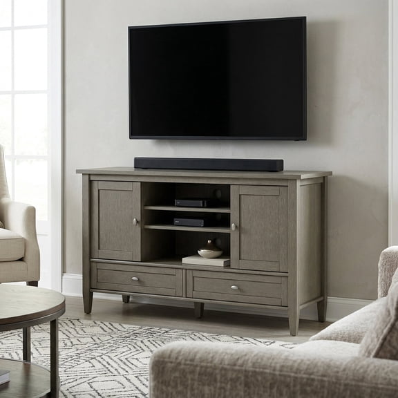 Simpli Home Warm Shaker 47 inch Wide Solid Wood TV Stand in Farmhouse Grey For TVs up to 50 inches