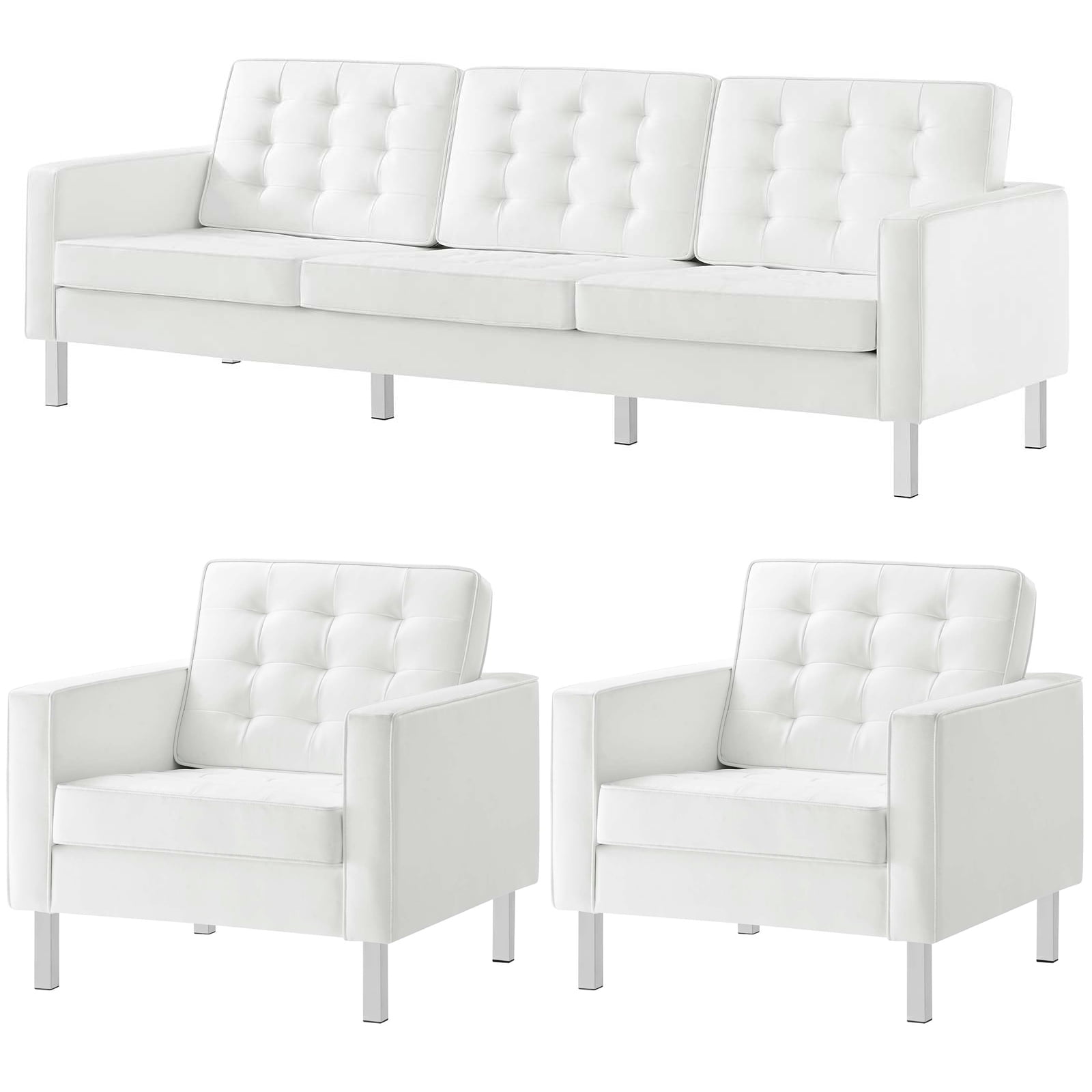 3 Piece Florence Sofa Set, Modern Tufted Sofa and Armchairs - Vegan ...