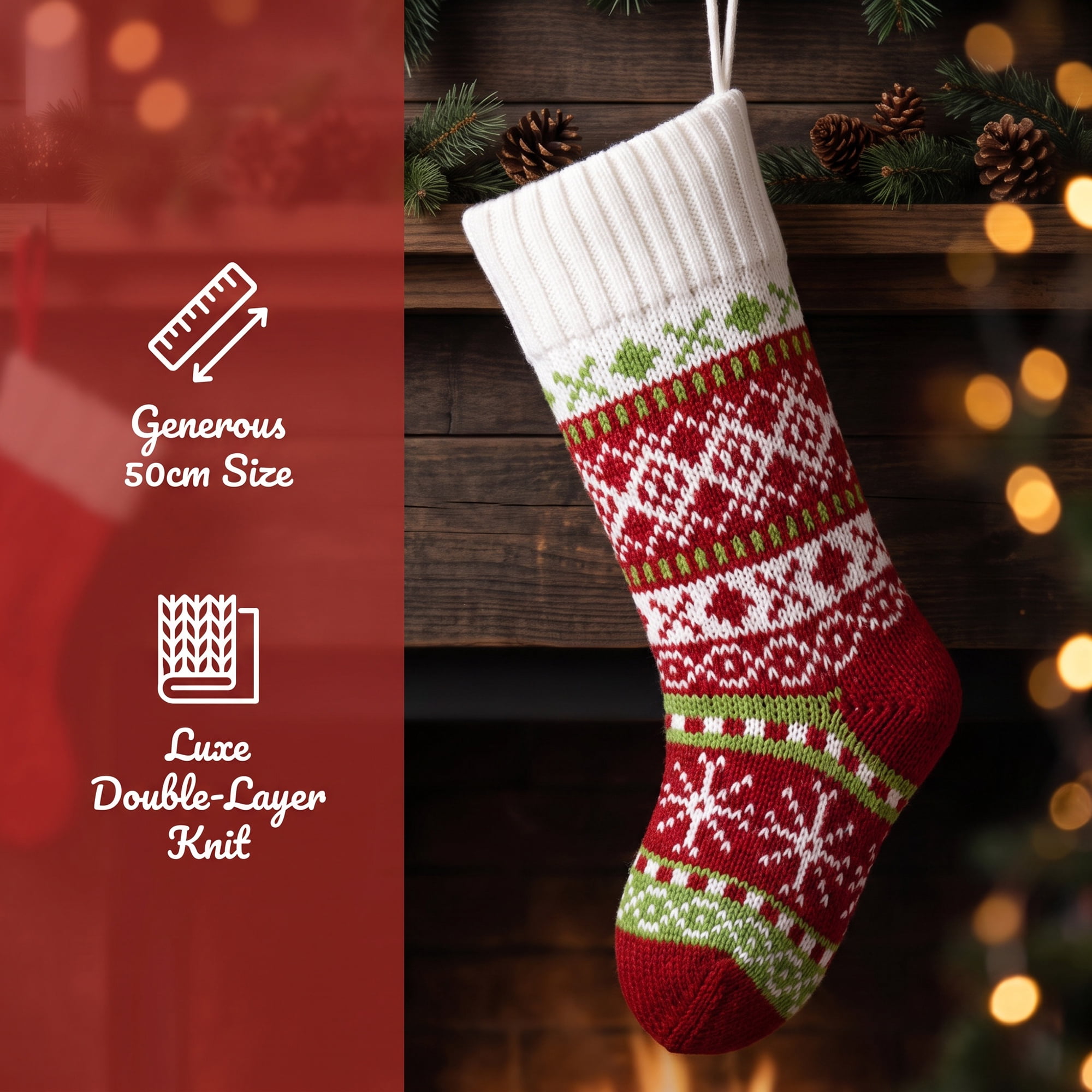 Unique Bargains Holiday Christmas Double Layer Knitted Motif Stocking Red 20"