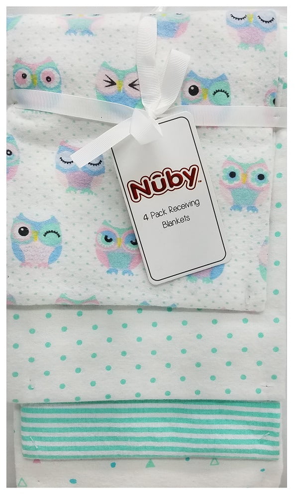 Nuby Infant Toddler Owl Owl Cotton Receiving Blankets, Crib, Green, 4-Pieces