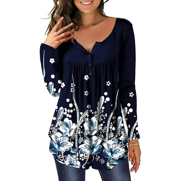 Arttop Women Fall Floral Print Long Sleeve Tunic Tops Casual Blouse ...