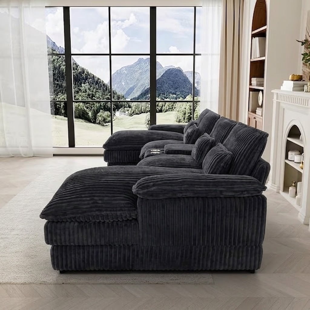 Howcool 124" U Shaped Modular Sectional Sofa, 6 Seat Oversized Cloud Couch with Double Chaise & Central Console, Plush Corduroy Sectional Couch with USB Ports, for Living Room,Dark Grey