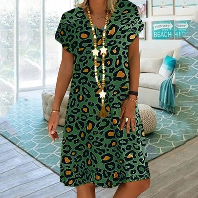 FcBaudy Robe à Manches Courtes Col en V, Robes d'Été pour Femmes, Robes Décontractées Boho Imprimé Léopard Col en V Manches Courtes Robe Ample de Vacances Robe pour Femmes