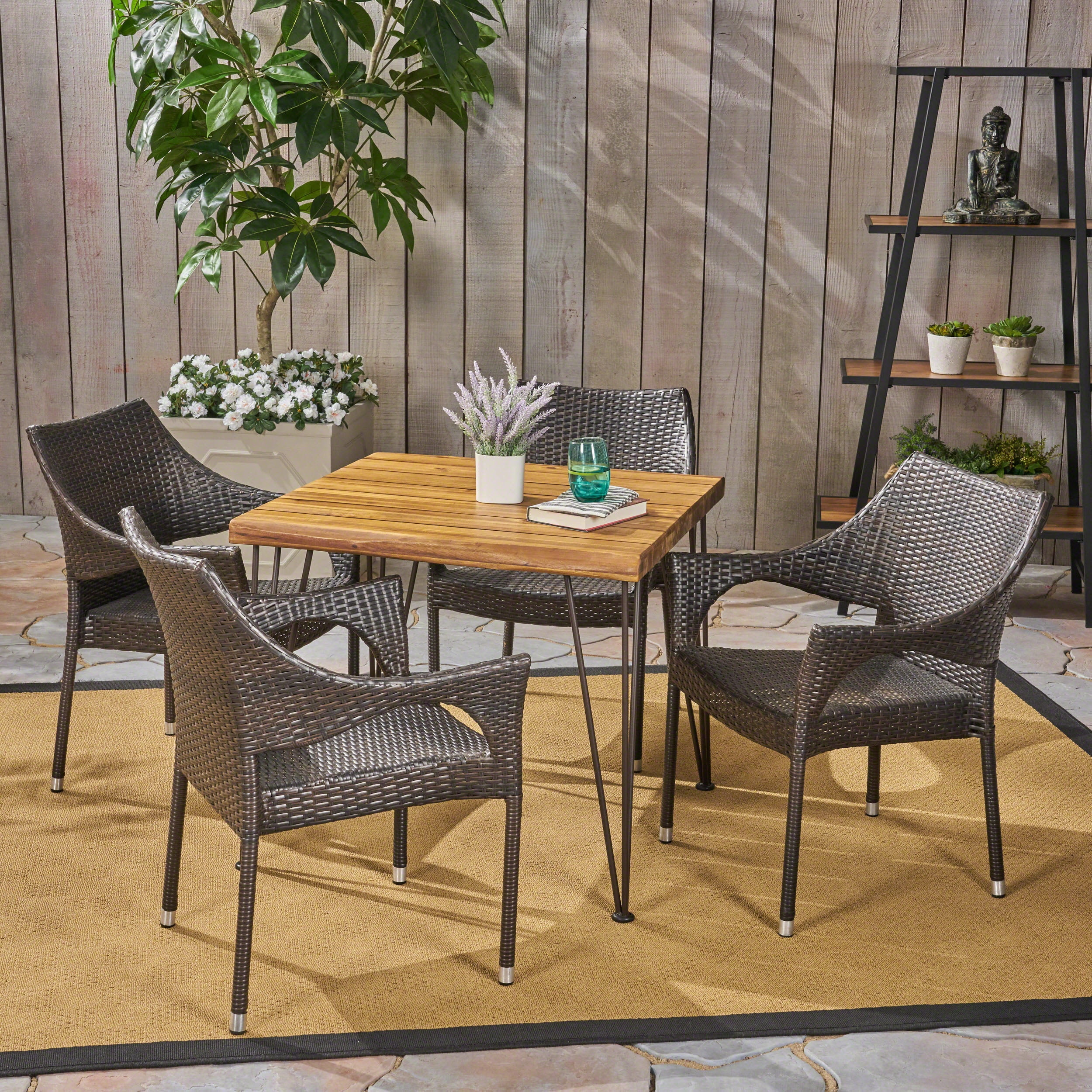 Arya Outdoor 5 Piece Industrial Wood and Wicker Square Dining Set