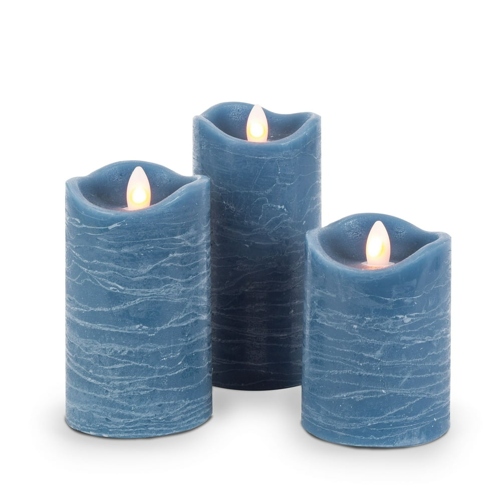 Gerson Set of Three 3 Blue LED Pillar Candles with Aurora Flame and Remote Control