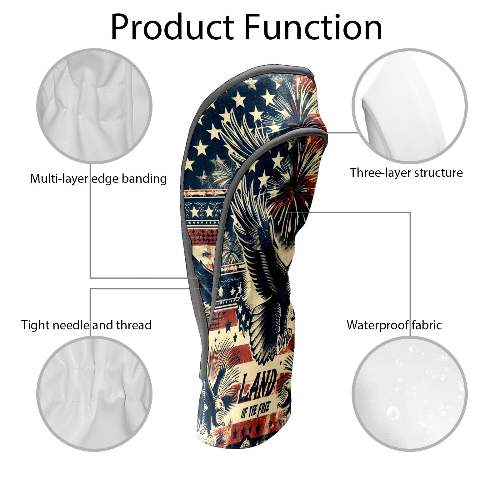Golf Club Covers, Dark Blue Americana Eagle Premium PU Leather Driver Hybrid Putter Head Covers with Velvet Lining, Waterproof Golf Gifts for Men Women