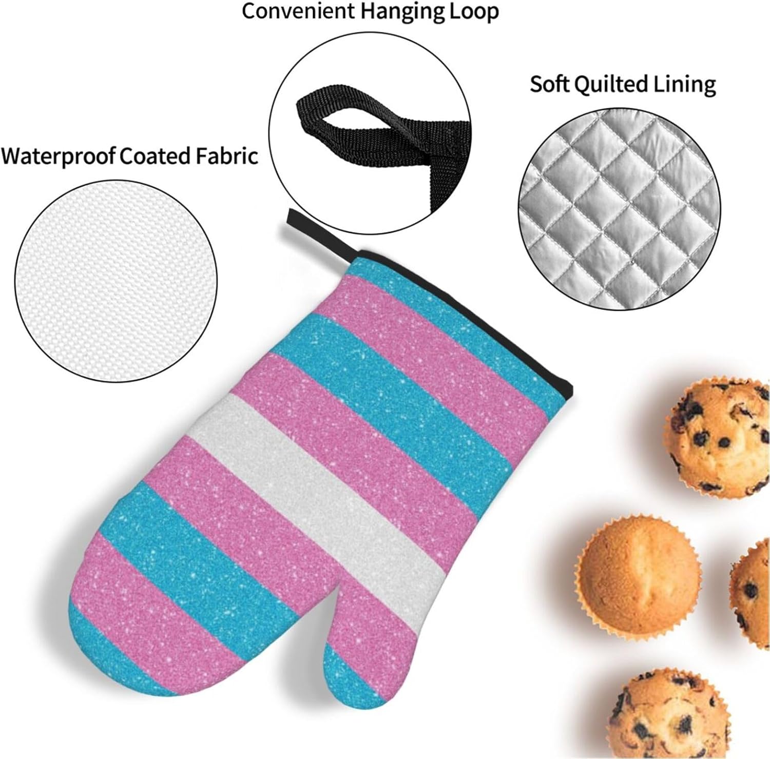 Glitter Transgender Proud Flag Oven Mitts and Pot Holders 4 Pcs Set,High Heat Resistant 500 Degree Extra Thicken Long Kitchen Cotton Oven Glove for Cooking