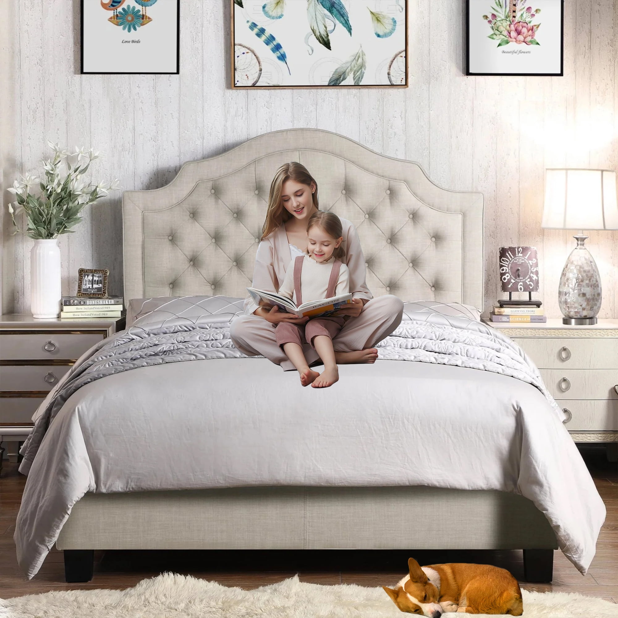 Queen Size Classical Bed Frame with Adjustable Button Tufted Headboard, Fabric Upholstered Platform Bed Frame for Bedroom, Strong Wooden Slat Support, Easy Assembly, Beige