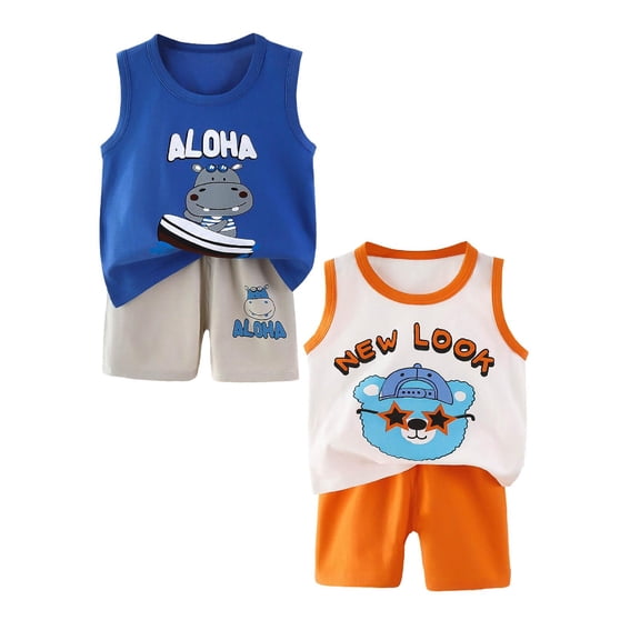 Hudaneo Boy Clothes Toddler Baby Boys 4 PCS Summer Outfits Sleeveless Cotton Dinosaur T-Shirt Shorts Set, 3 Months-6T